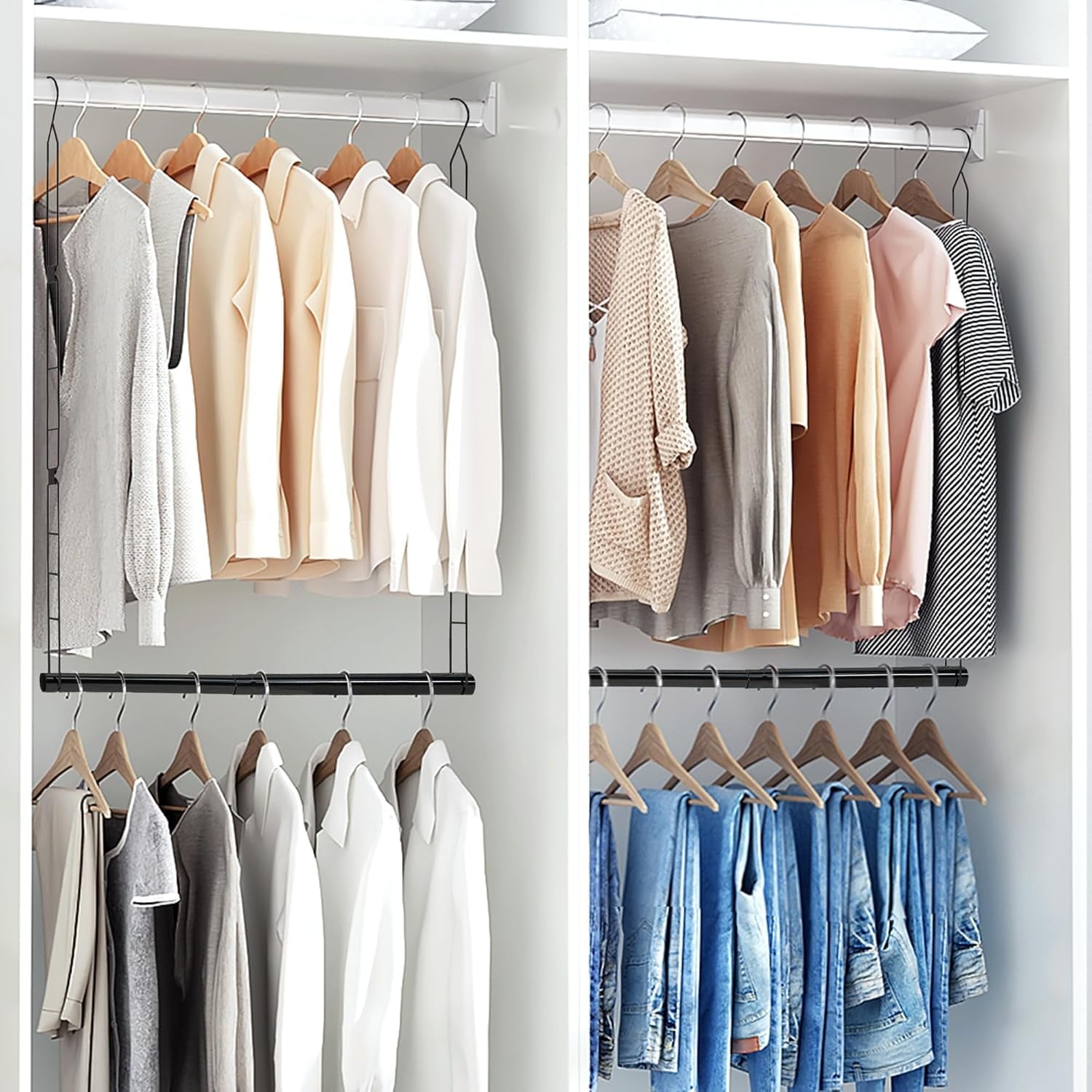 Hanging Closet Rod, Adjustable Width and Height Closet Hanging Organizer, Space-Saving Clothes Hanging Bar, Closet Extender Hanging Rod Double Closet Hanging Rod,  Chrome