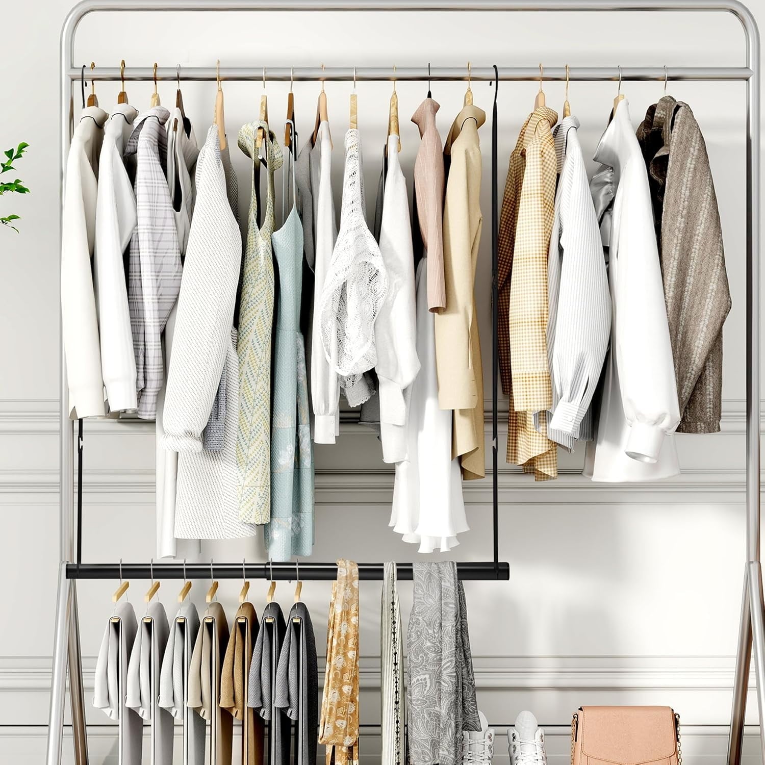 Hanging Closet Rod, Adjustable Width and Height Closet Hanging Organizer, Space-Saving Clothes Hanging Bar, Closet Extender Hanging Rod Double Closet Hanging Rod,  Chrome
