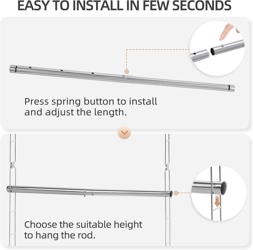 Hanging Closet Rod, Adjustable Width and Height Closet Hanging Organizer, Space-Saving Clothes Hanging Bar, Closet Extender Hanging Rod Double Closet Hanging Rod,  Chrome