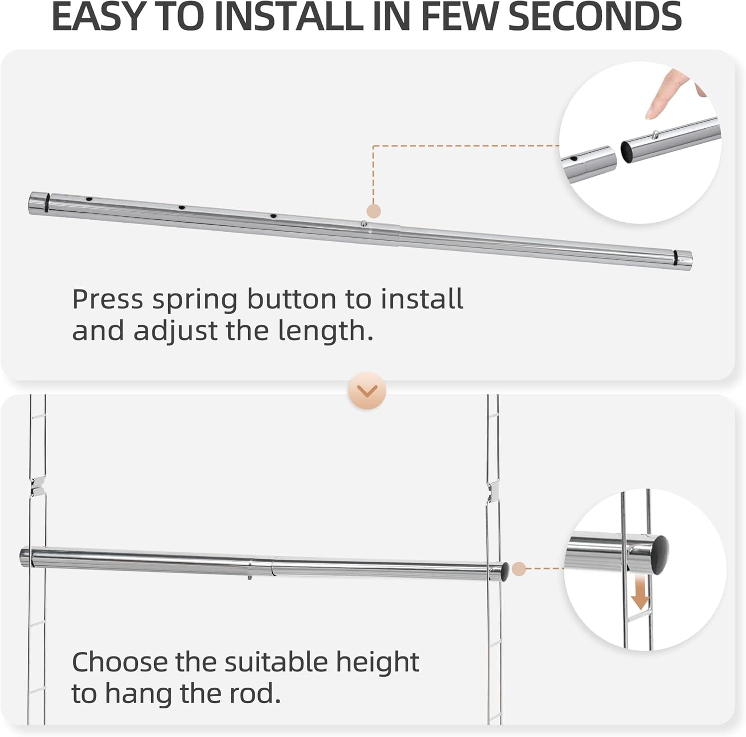 Hanging Closet Rod, Adjustable Width and Height Closet Hanging Organizer, Space-Saving Clothes Hanging Bar, Closet Extender Hanging Rod Double Closet Hanging Rod,  Chrome