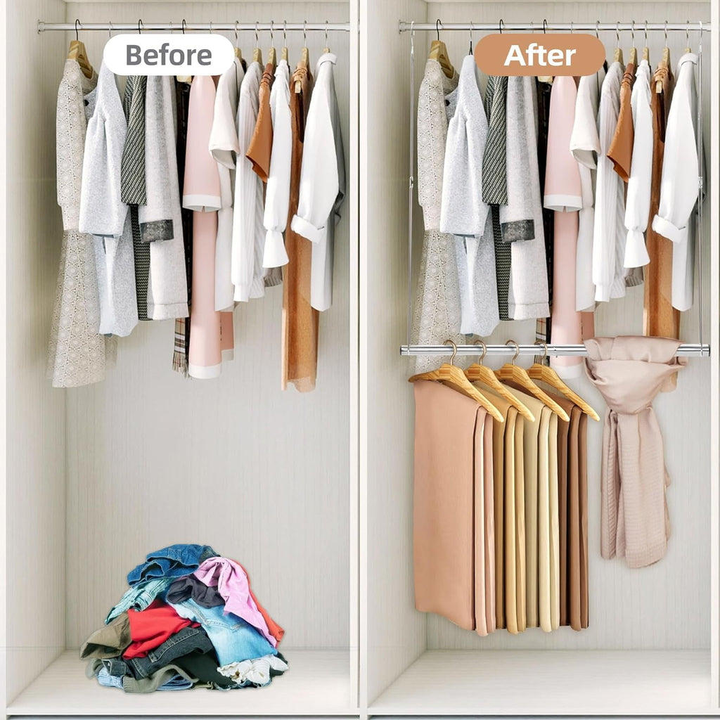 Hanging Closet Rod, Adjustable Width and Height Closet Hanging Organizer, Space-Saving Clothes Hanging Bar, Closet Extender Hanging Rod Double Closet Hanging Rod,  Chrome