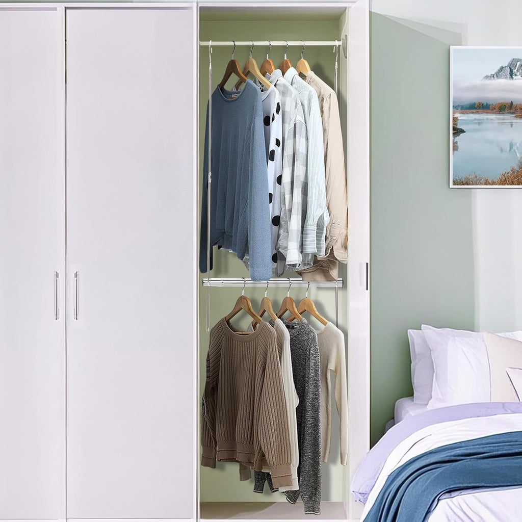 Hanging Closet Rod, Adjustable Width and Height Closet Hanging Organizer, Space-Saving Clothes Hanging Bar, Closet Extender Hanging Rod Double Closet Hanging Rod,  Chrome