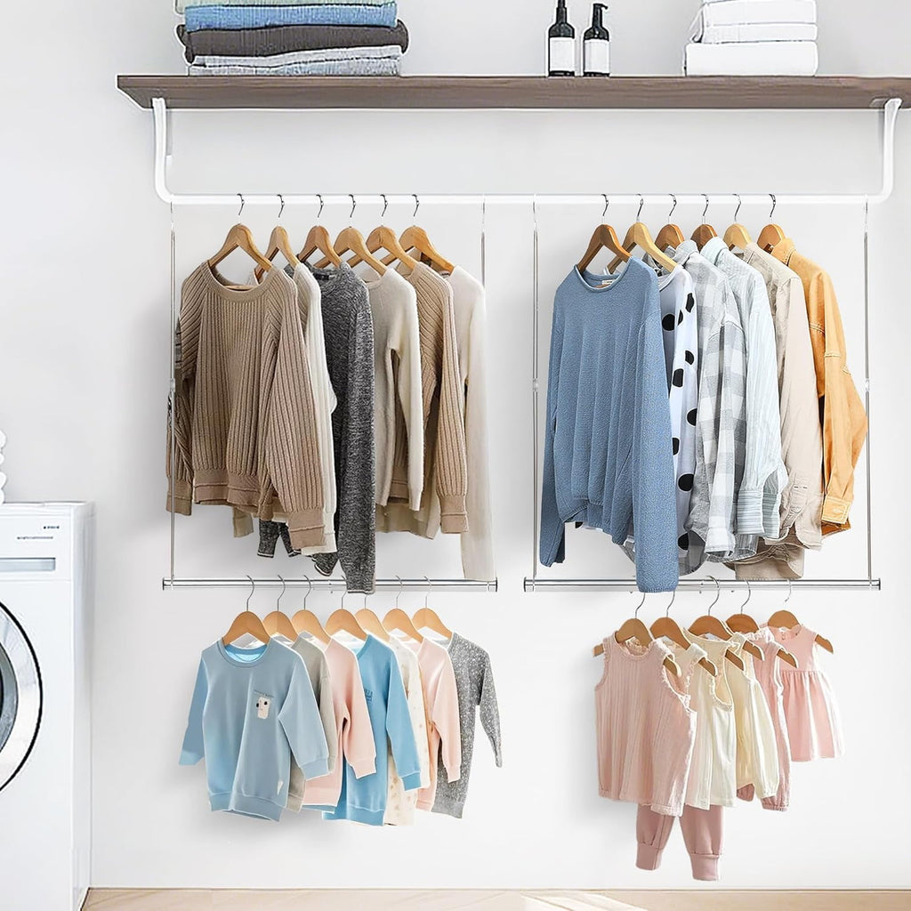 Hanging Closet Rod, Adjustable Width and Height Closet Hanging Organizer, Space-Saving Clothes Hanging Bar, Closet Extender Hanging Rod Double Closet Hanging Rod,  Chrome