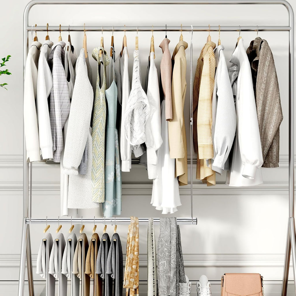 Hanging Closet Rod, Adjustable Width and Height Closet Hanging Organizer, Space-Saving Clothes Hanging Bar, Closet Extender Hanging Rod Double Closet Hanging Rod,  Chrome
