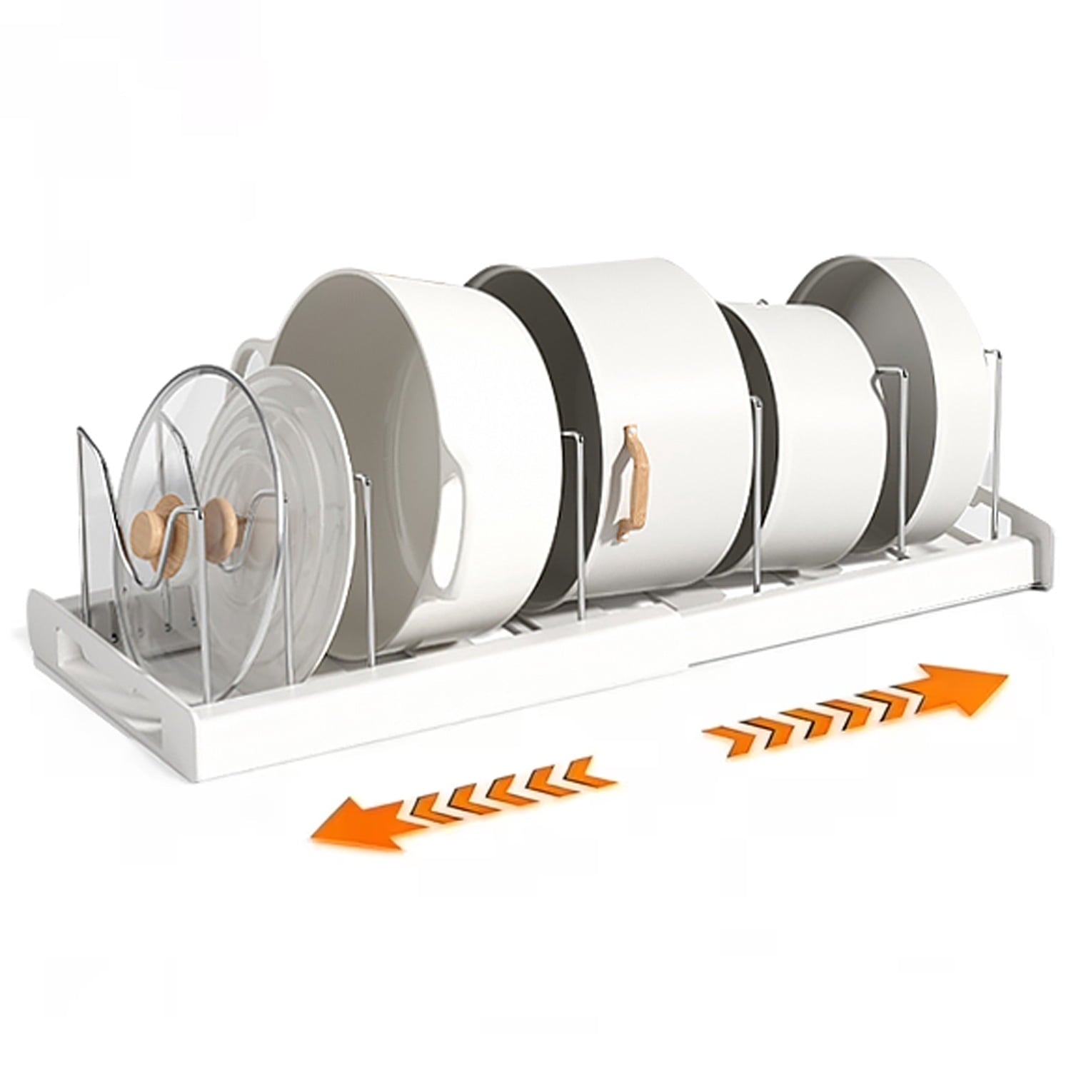 Expandable Pots and Pans Organizer - 7 Adjustable Compartments &amp; Sliding Lid Holder for Kitchen Cabinets | Pan Rack Organizer for Pots, Lids, Cutting Boards &amp; Cookware Storage (White)