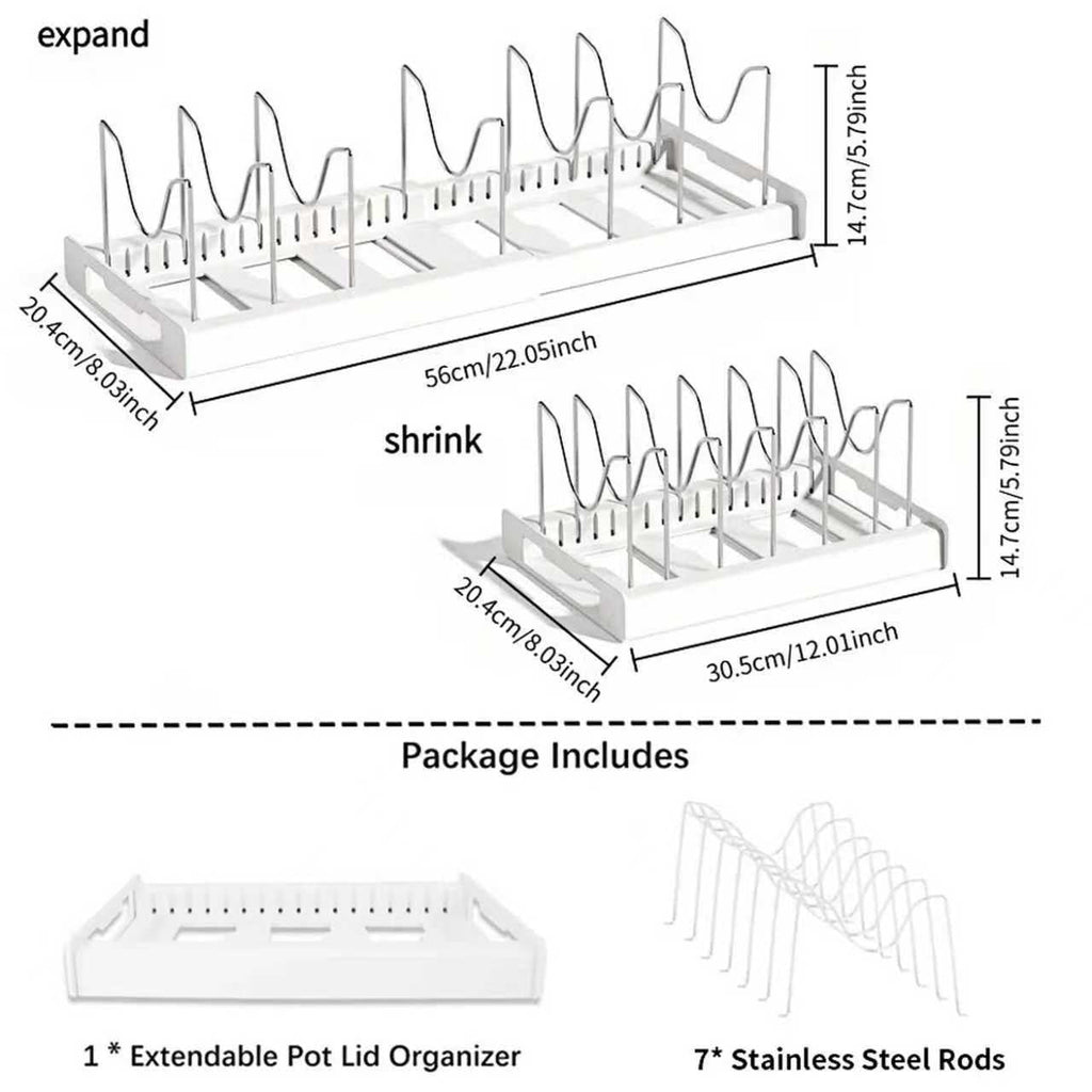 Expandable Pots and Pans Organizer - 7 Adjustable Compartments &amp; Sliding Lid Holder for Kitchen Cabinets | Pan Rack Organizer for Pots, Lids, Cutting Boards &amp; Cookware Storage (White)
