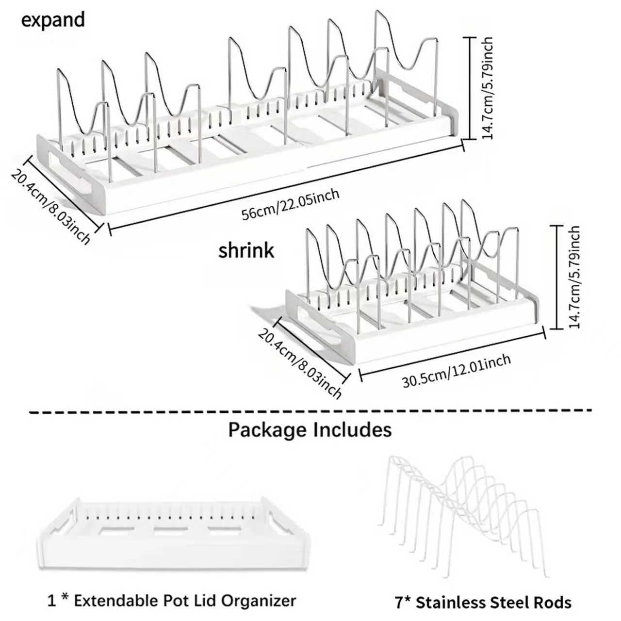 Expandable Pots and Pans Organizer - 7 Adjustable Compartments &amp; Sliding Lid Holder for Kitchen Cabinets | Pan Rack Organizer for Pots, Lids, Cutting Boards &amp; Cookware Storage (White)