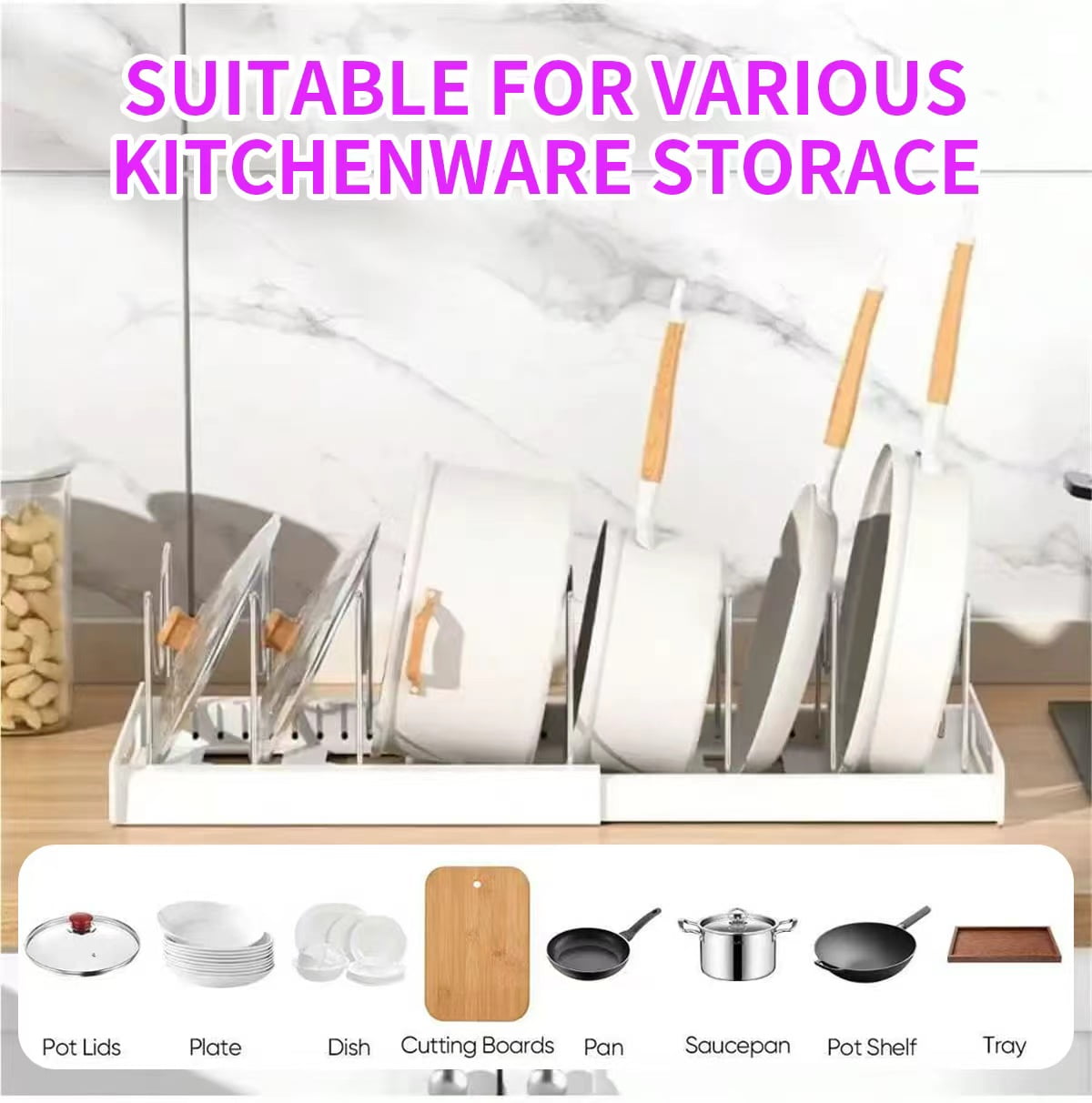 Expandable Pots and Pans Organizer - 7 Adjustable Compartments &amp; Sliding Lid Holder for Kitchen Cabinets | Pan Rack Organizer for Pots, Lids, Cutting Boards &amp; Cookware Storage (White)