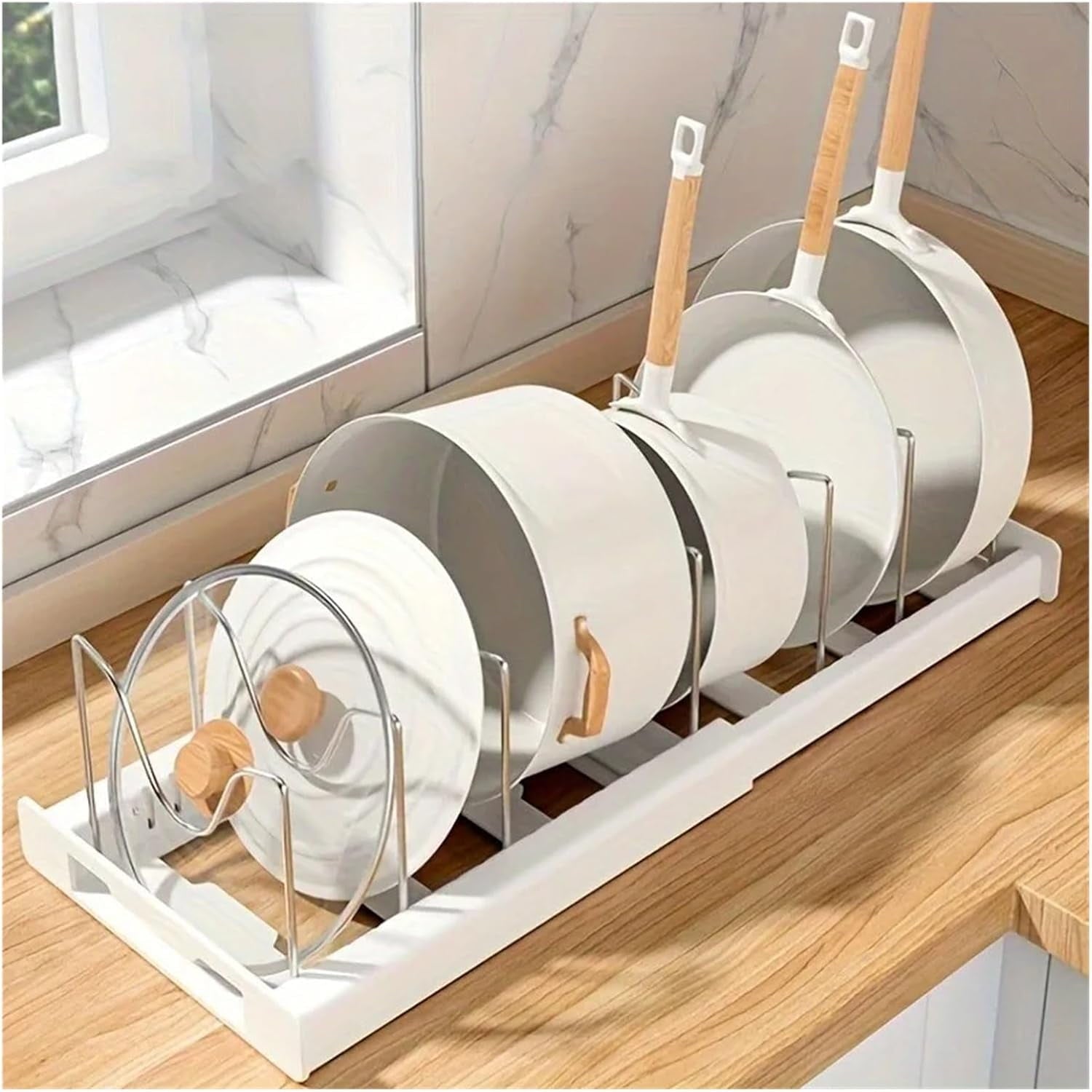 Expandable Pots and Pans Organizer - 7 Adjustable Compartments &amp; Sliding Lid Holder for Kitchen Cabinets | Pan Rack Organizer for Pots, Lids, Cutting Boards &amp; Cookware Storage (White)