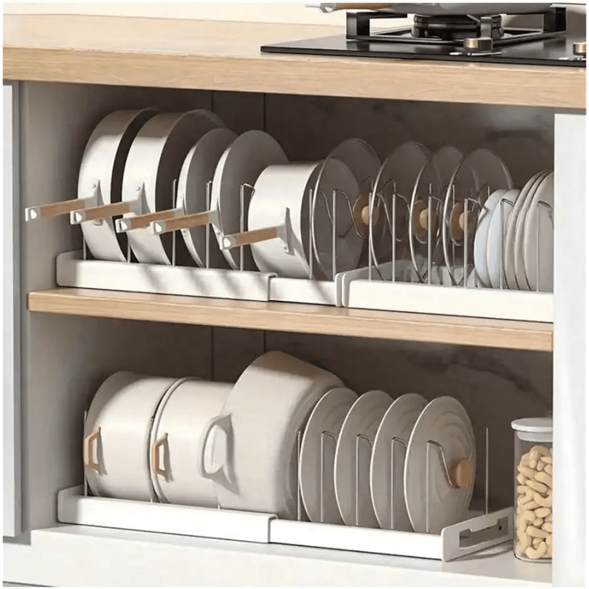 Expandable Pots and Pans Organizer - 7 Adjustable Compartments &amp; Sliding Lid Holder for Kitchen Cabinets | Pan Rack Organizer for Pots, Lids, Cutting Boards &amp; Cookware Storage (White)