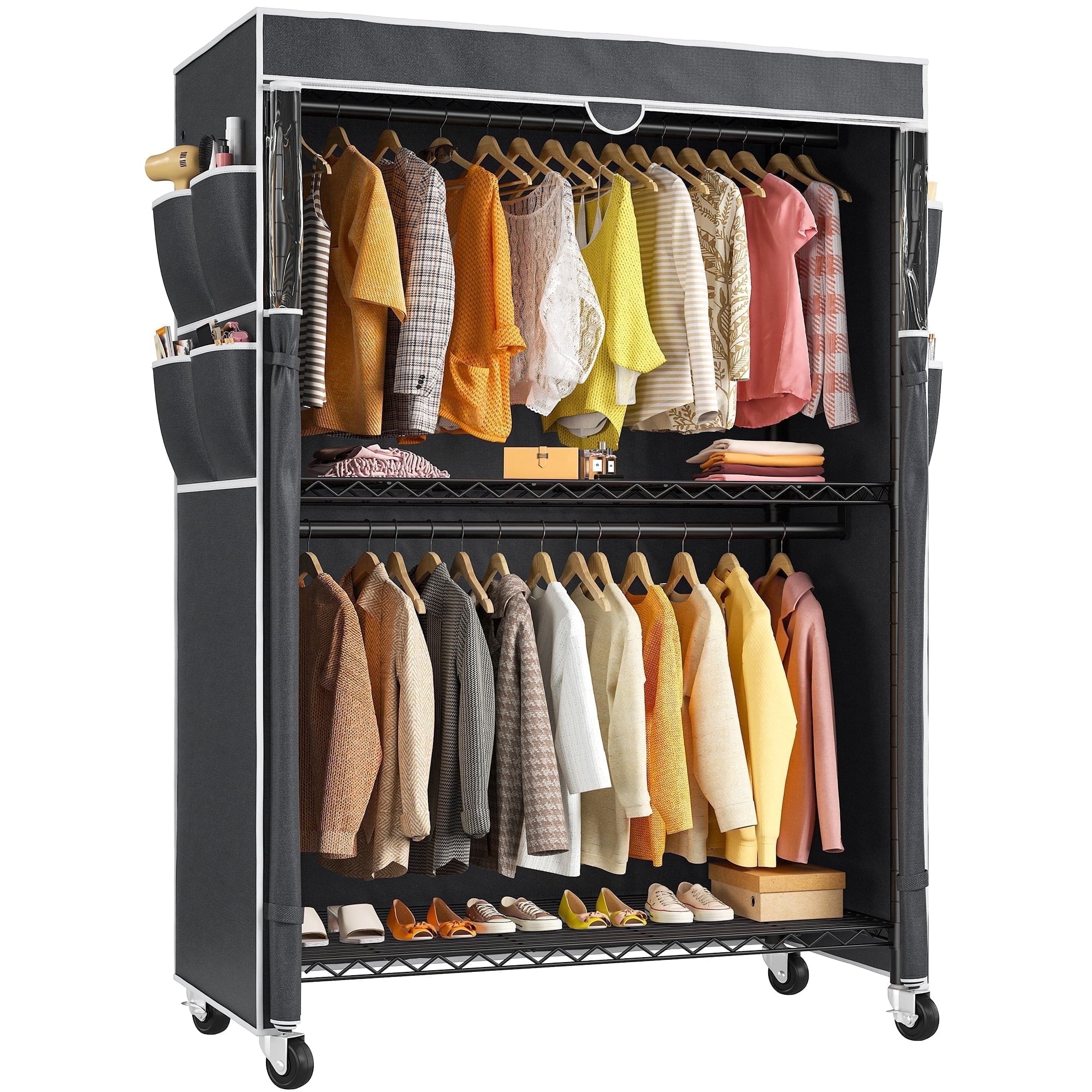 445LBS Rolling Clothes Rack with Cover, 81"H Adjustable Wire Portable Closets, Freestanding Wardrobe Closets with Wheels, Black