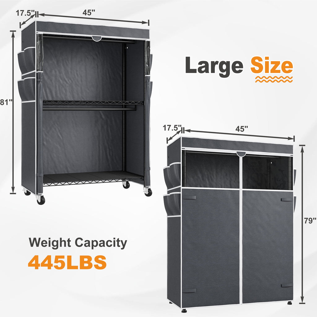 445LBS Rolling Clothes Rack with Cover, 81"H Adjustable Wire Portable Closets, Freestanding Wardrobe Closets with Wheels, Black