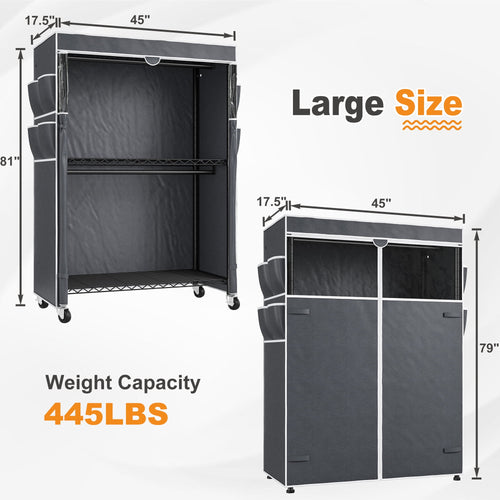 445LBS Rolling Clothes Rack with Cover, 81"H Adjustable Wire Portable Closets, Freestanding Wardrobe Closets with Wheels, Black