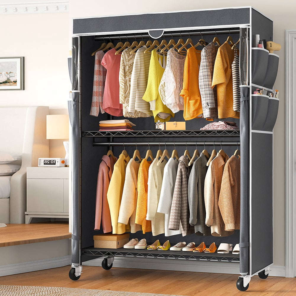 445LBS Rolling Clothes Rack with Cover, 81"H Adjustable Wire Portable Closets, Freestanding Wardrobe Closets with Wheels, Black