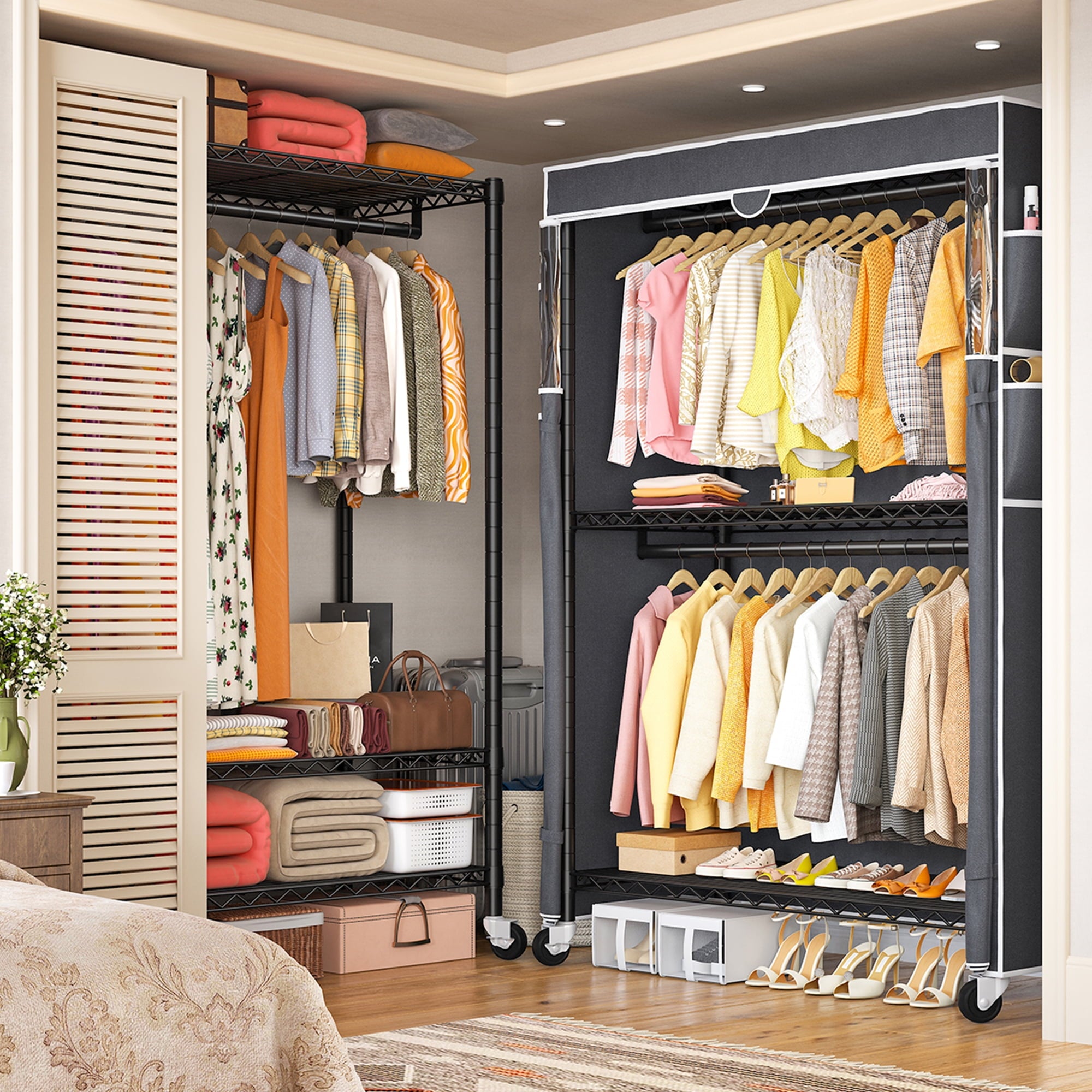 445LBS Rolling Clothes Rack with Cover, 81"H Adjustable Wire Portable Closets, Freestanding Wardrobe Closets with Wheels, Black