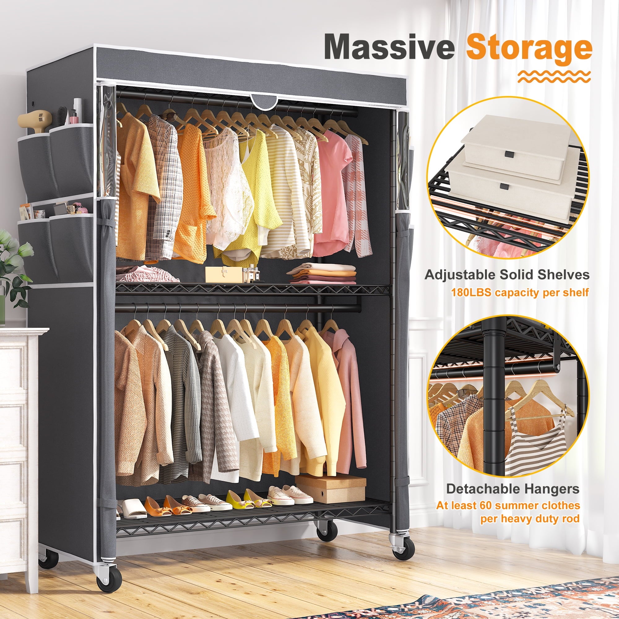 445LBS Rolling Clothes Rack with Cover, 81"H Adjustable Wire Portable Closets, Freestanding Wardrobe Closets with Wheels, Black