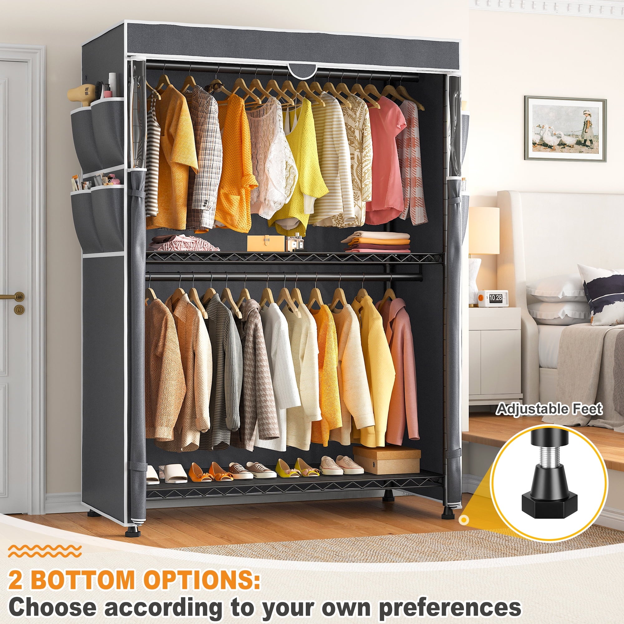 445LBS Rolling Clothes Rack with Cover, 81"H Adjustable Wire Portable Closets, Freestanding Wardrobe Closets with Wheels, Black