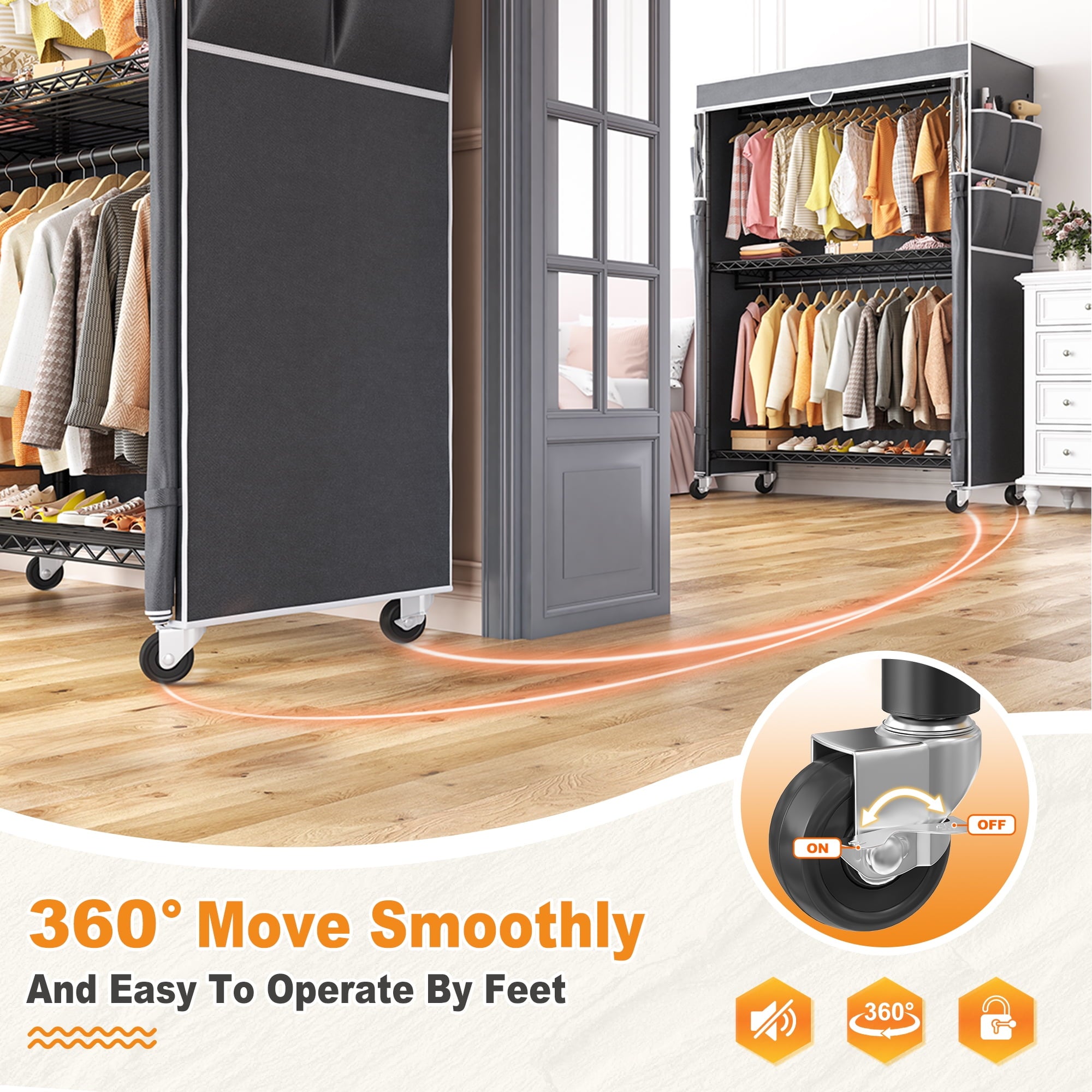 445LBS Rolling Clothes Rack with Cover, 81"H Adjustable Wire Portable Closets, Freestanding Wardrobe Closets with Wheels, Black