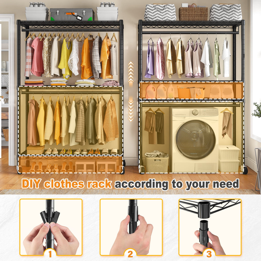 445LBS Rolling Clothes Rack with Cover, 81"H Adjustable Wire Portable Closets, Freestanding Wardrobe Closets with Wheels, Black