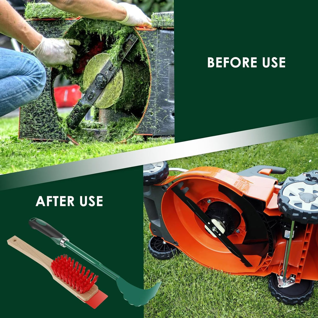 Mower Deck Scraper with Ergonomic Long Handle, Lawn Mower Deck Cleaner Tool with Stiff Bristle Brush, Lawn Mower Maintenance Deck Scraper Cleaning Tool for Gardening