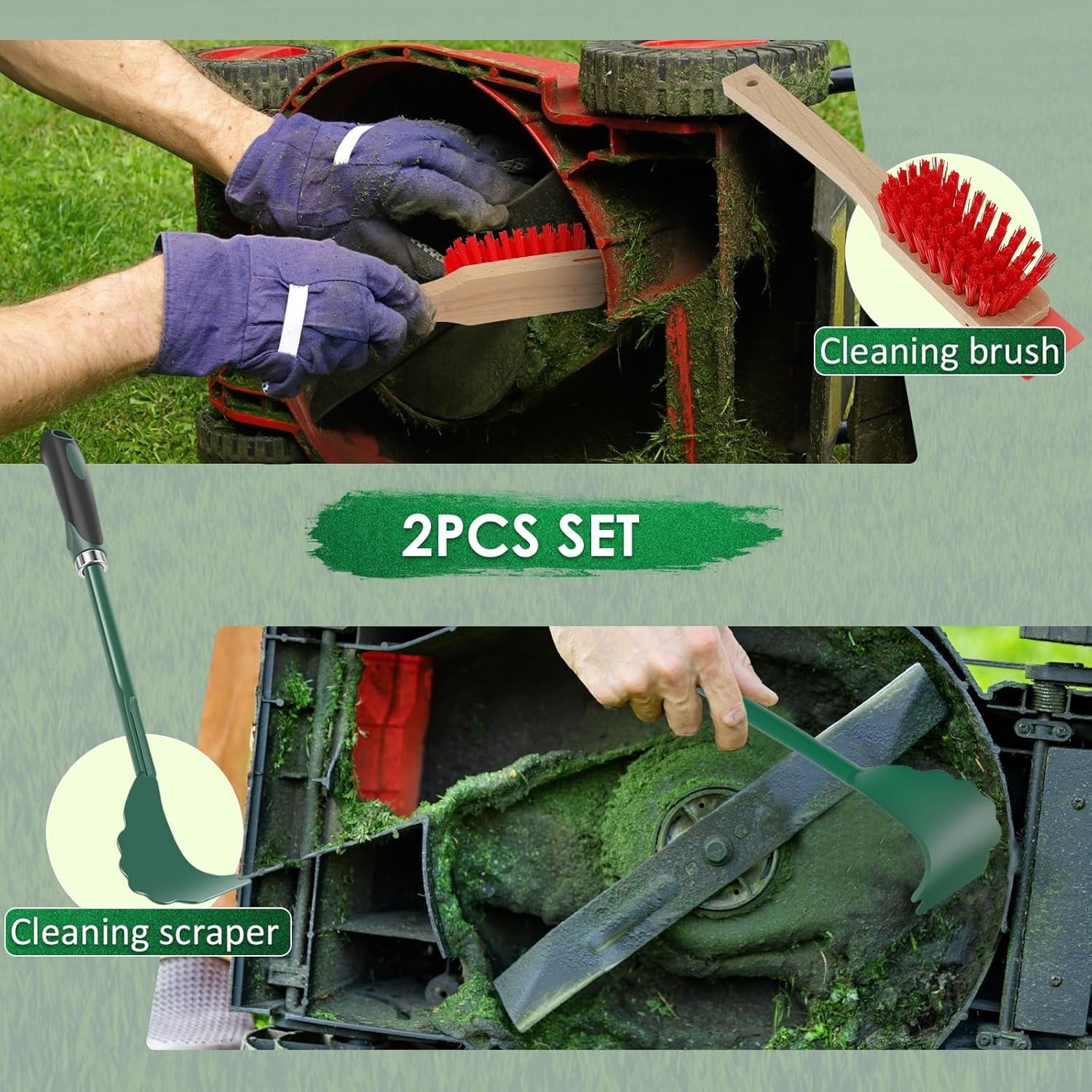 Mower Deck Scraper with Ergonomic Long Handle, Lawn Mower Deck Cleaner Tool with Stiff Bristle Brush, Lawn Mower Maintenance Deck Scraper Cleaning Tool for Gardening
