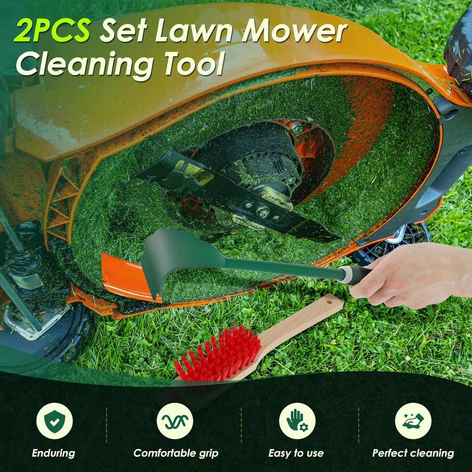 Mower Deck Scraper with Ergonomic Long Handle, Lawn Mower Deck Cleaner Tool with Stiff Bristle Brush, Lawn Mower Maintenance Deck Scraper Cleaning Tool for Gardening