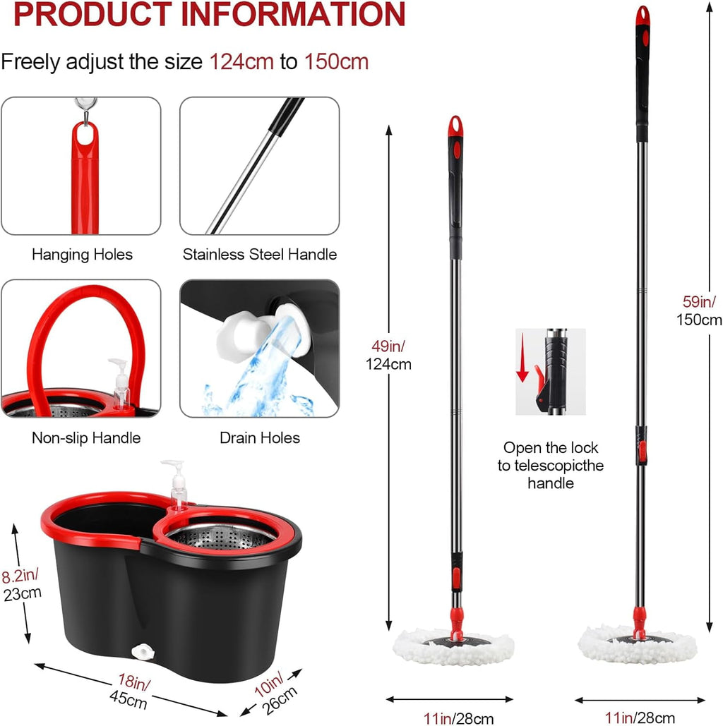Rotating mop and bucket with wringer set, 360° rotating mop bucket system