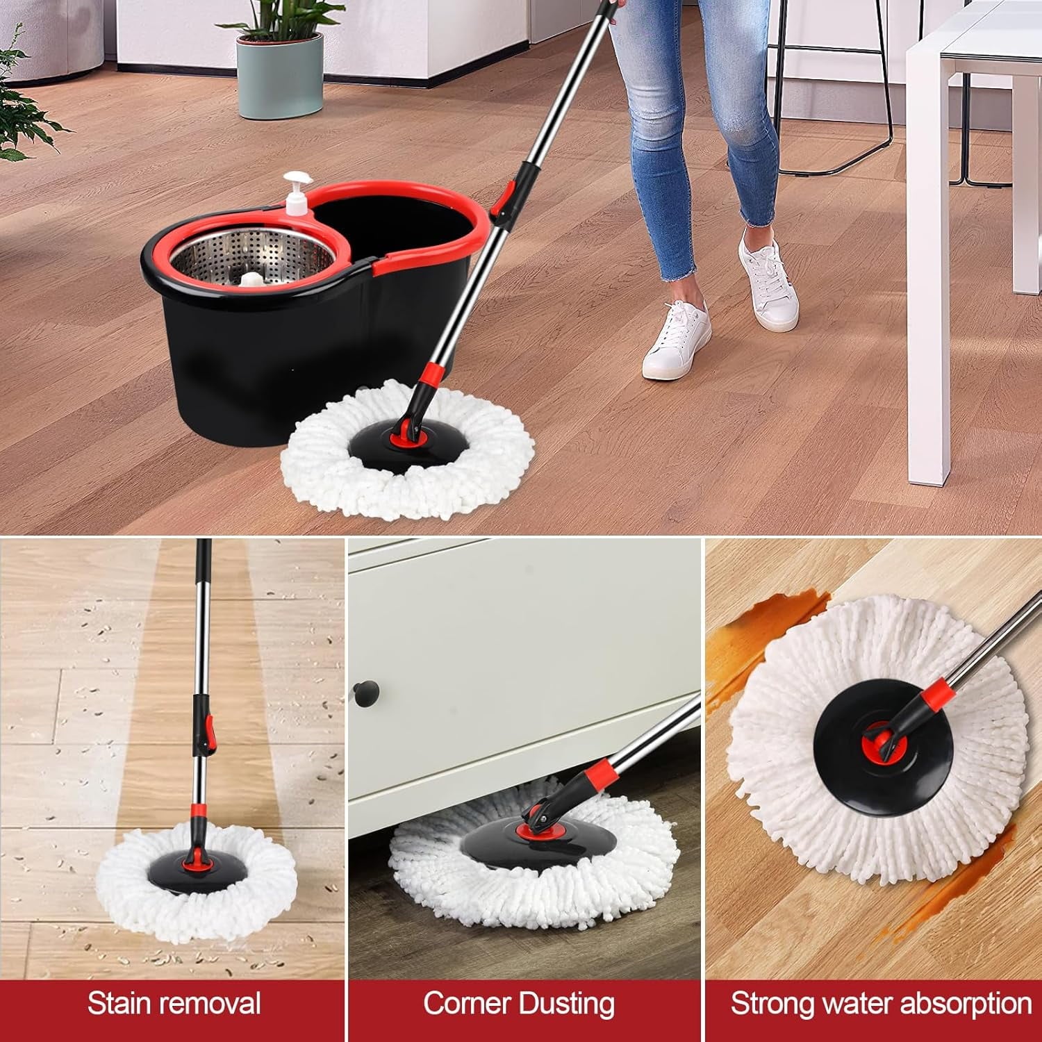Rotating mop and bucket with wringer set, 360° rotating mop bucket system