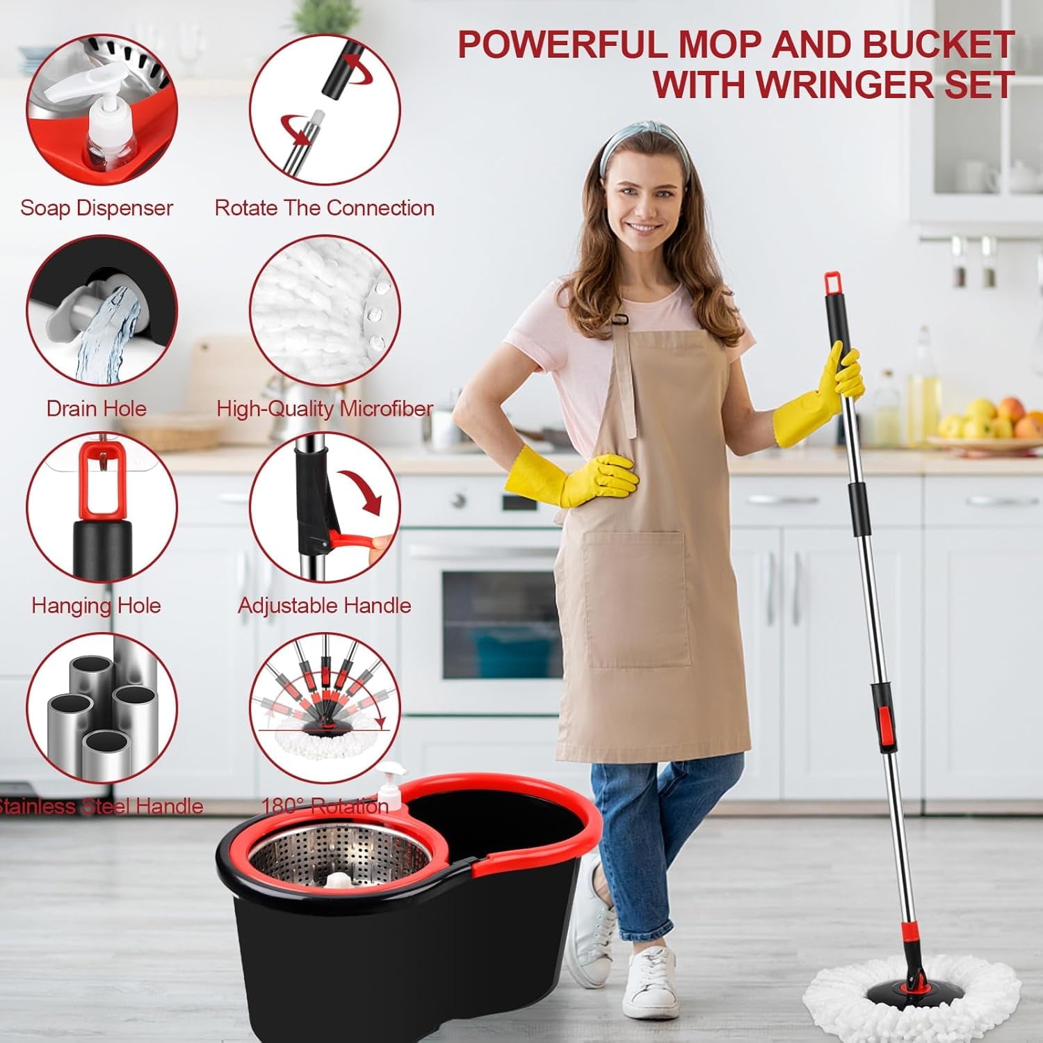 Rotating mop and bucket with wringer set, 360° rotating mop bucket system