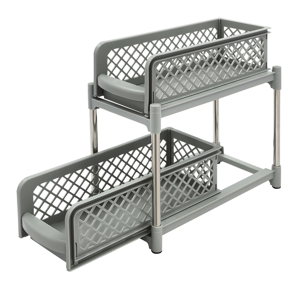 2-Tier Under Sink Organizer with Pull Out Sliding Storage Drawer for Home Bathroom Kitchen White/Grey 14.57in