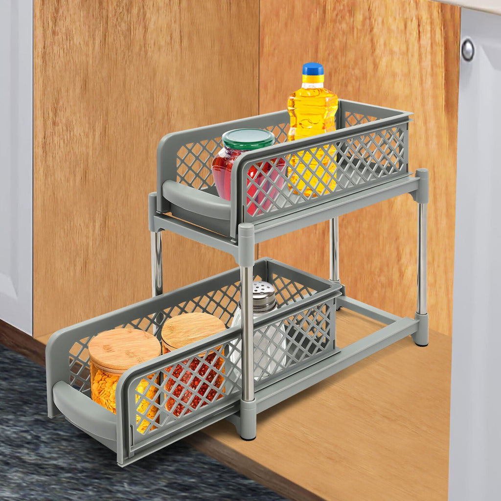 2-Tier Under Sink Organizer with Pull Out Sliding Storage Drawer for Home Bathroom Kitchen White/Grey 14.57in