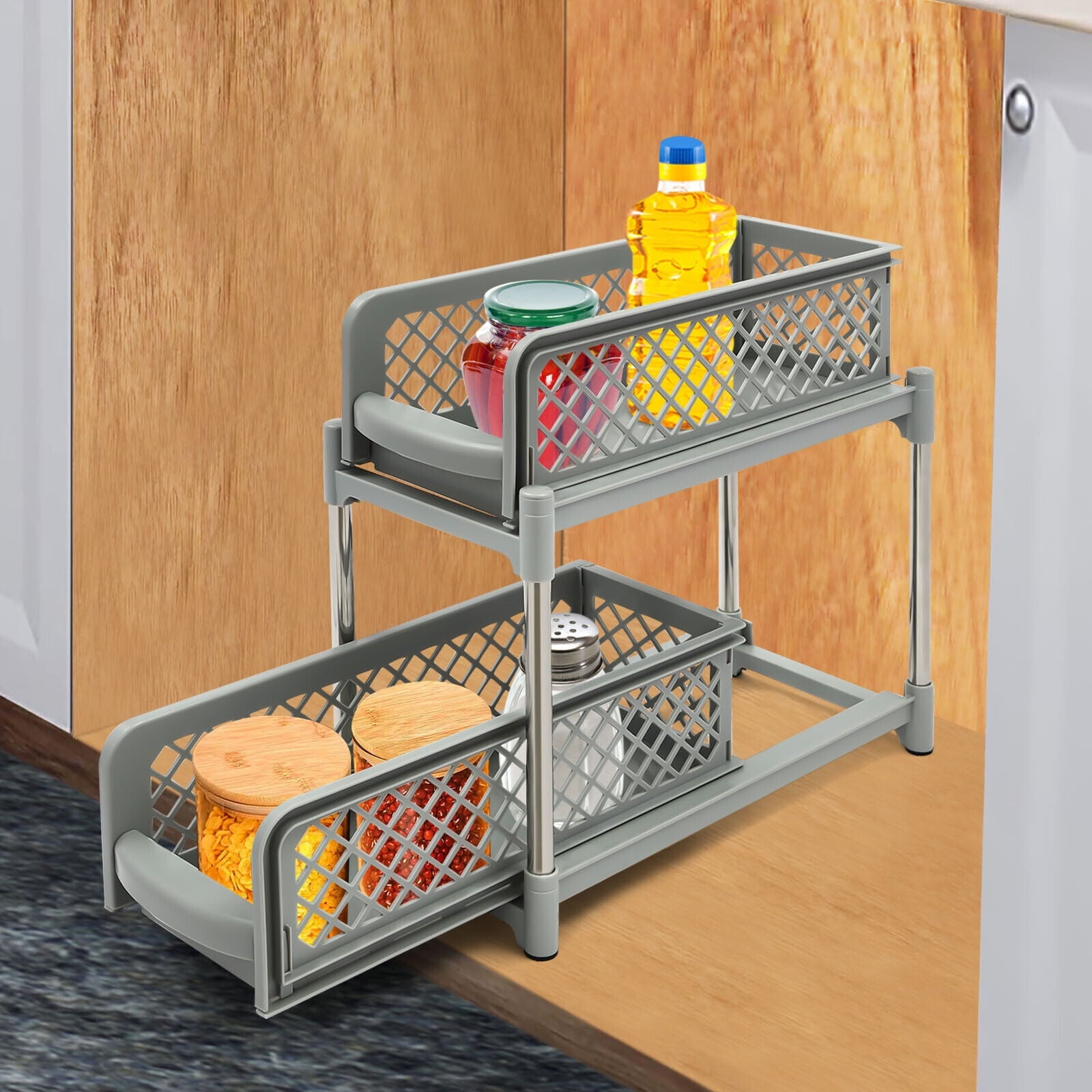 2-Tier Under Sink Organizer with Pull Out Sliding Storage Drawer for Home Bathroom Kitchen White/Grey 14.57in