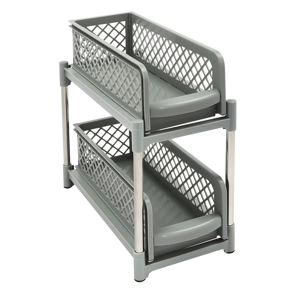 2-Tier Under Sink Organizer with Pull Out Sliding Storage Drawer for Home Bathroom Kitchen White/Grey 14.57in