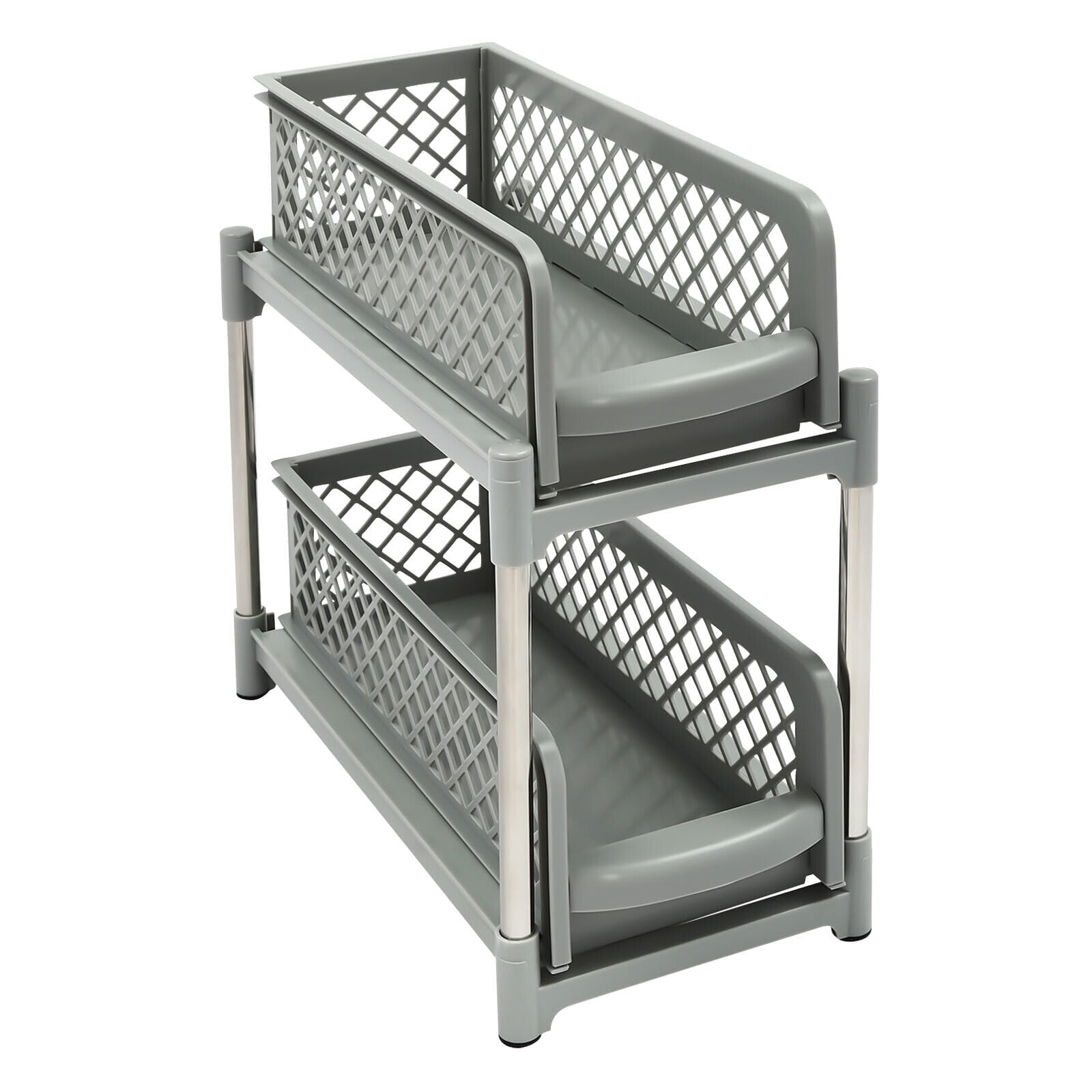 2-Tier Under Sink Organizer with Pull Out Sliding Storage Drawer for Home Bathroom Kitchen White/Grey 14.57in