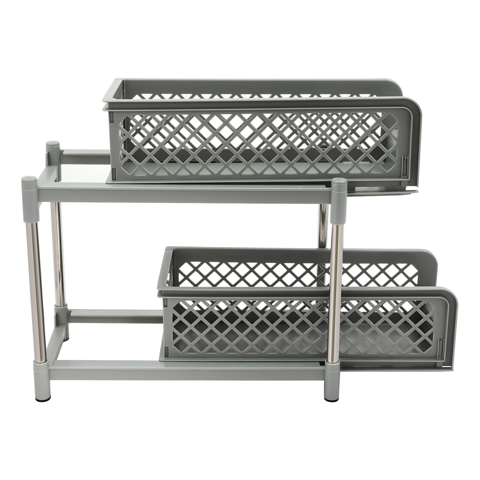 2-Tier Under Sink Organizer with Pull Out Sliding Storage Drawer for Home Bathroom Kitchen White/Grey 14.57in