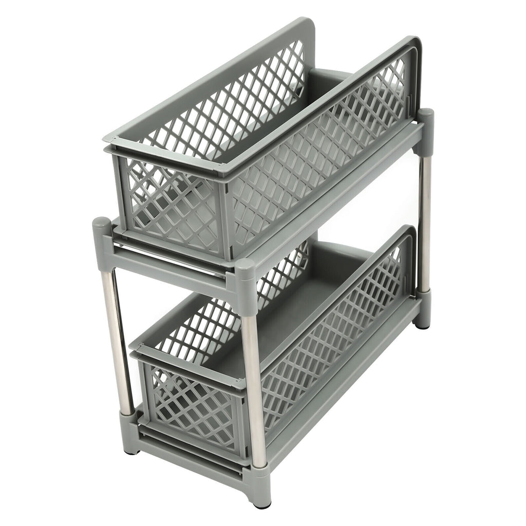 2-Tier Under Sink Organizer with Pull Out Sliding Storage Drawer for Home Bathroom Kitchen White/Grey 14.57in