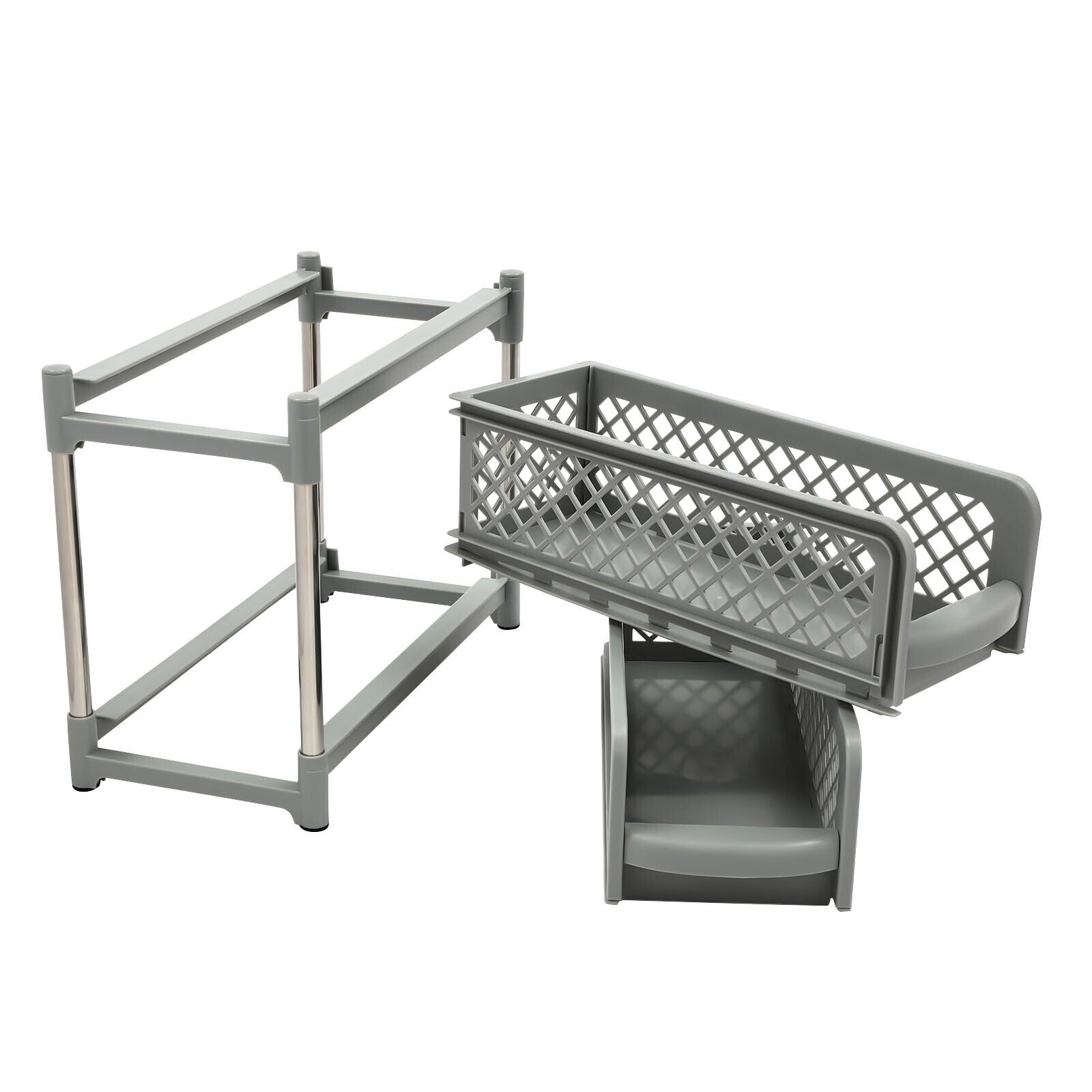 2-Tier Under Sink Organizer with Pull Out Sliding Storage Drawer for Home Bathroom Kitchen White/Grey 14.57in