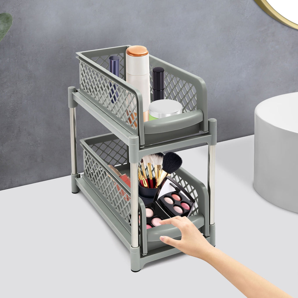 2-Tier Under Sink Organizer with Pull Out Sliding Storage Drawer for Home Bathroom Kitchen White/Grey 14.57in