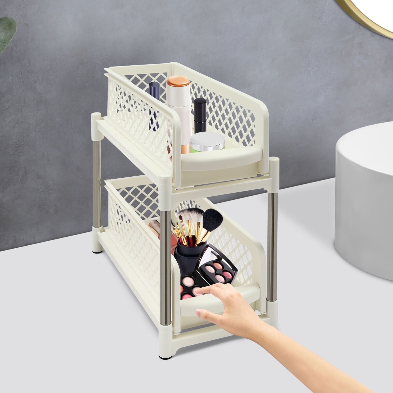 2-Tier Under Sink Organizer with Pull Out Sliding Storage Drawer for Home Bathroom Kitchen White/Grey 14.57in