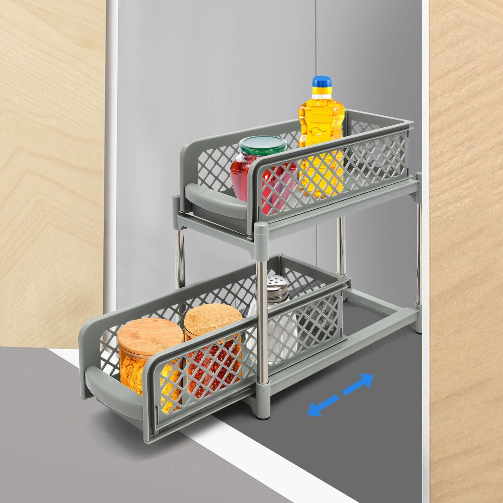 2-Tier Under Sink Organizer with Pull Out Sliding Storage Drawer for Home Bathroom Kitchen White/Grey 14.57in