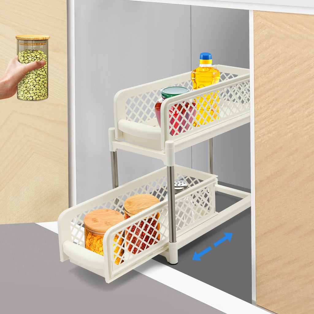 2-Tier Under Sink Organizer with Pull Out Sliding Storage Drawer for Home Bathroom Kitchen White/Grey 14.57in