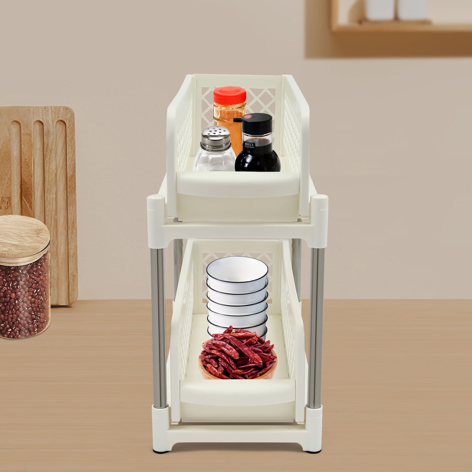 2-Tier Under Sink Organizer with Pull Out Sliding Storage Drawer for Home Bathroom Kitchen White/Grey 14.57in