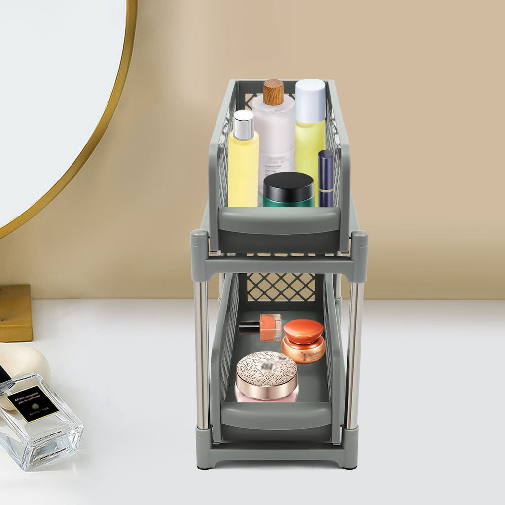2-Tier Under Sink Organizer with Pull Out Sliding Storage Drawer for Home Bathroom Kitchen White/Grey 14.57in