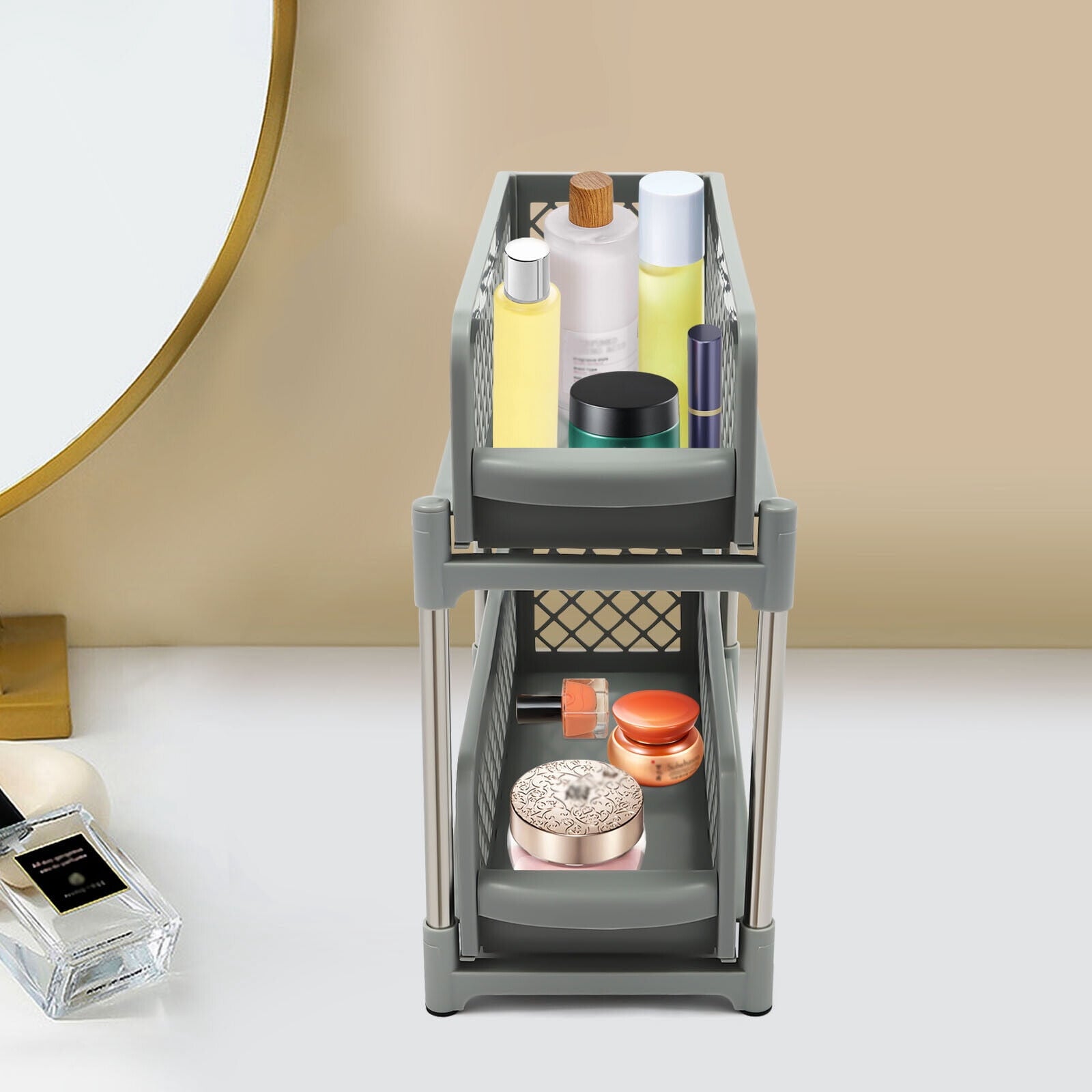 2-Tier Under Sink Organizer with Pull Out Sliding Storage Drawer for Home Bathroom Kitchen White/Grey 14.57in