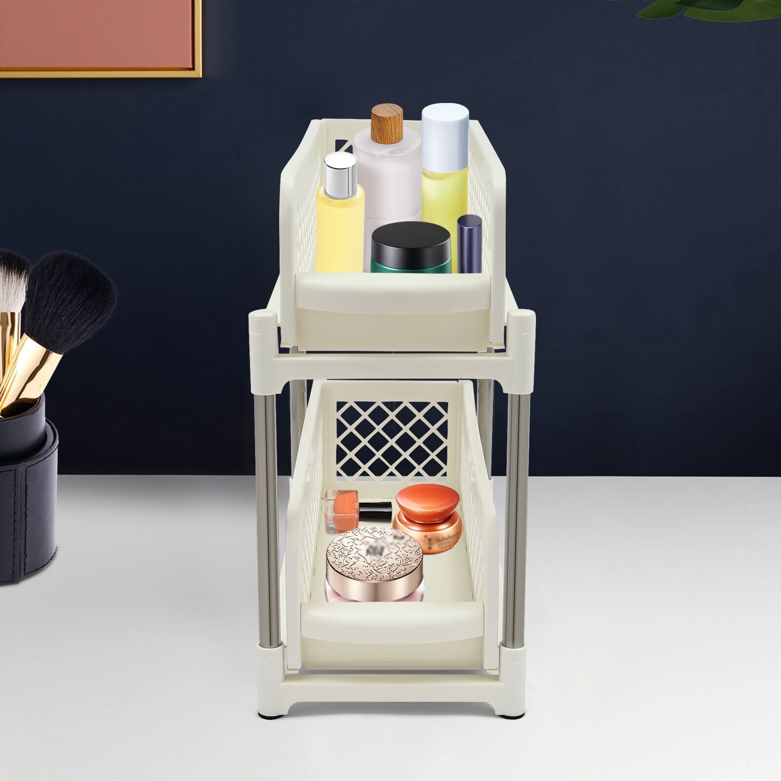 2-Tier Under Sink Organizer with Pull Out Sliding Storage Drawer for Home Bathroom Kitchen White/Grey 14.57in