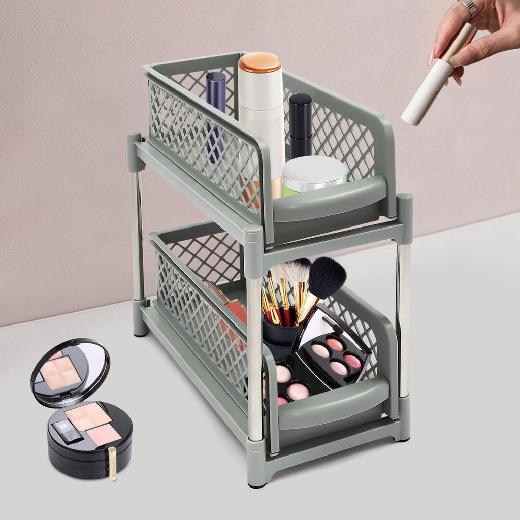 2-Tier Under Sink Organizer with Pull Out Sliding Storage Drawer for Home Bathroom Kitchen White/Grey 14.57in