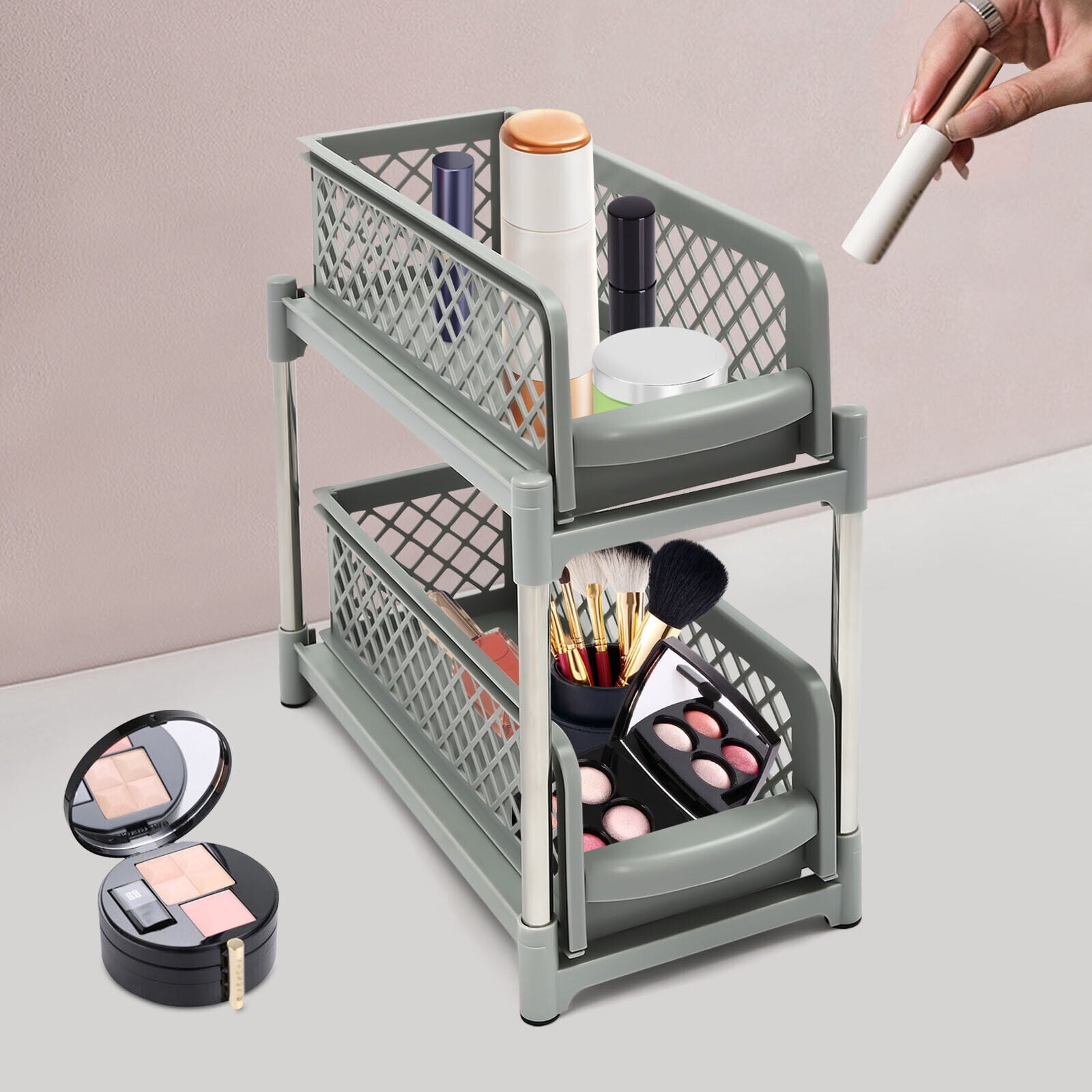 2-Tier Under Sink Organizer with Pull Out Sliding Storage Drawer for Home Bathroom Kitchen White/Grey 14.57in