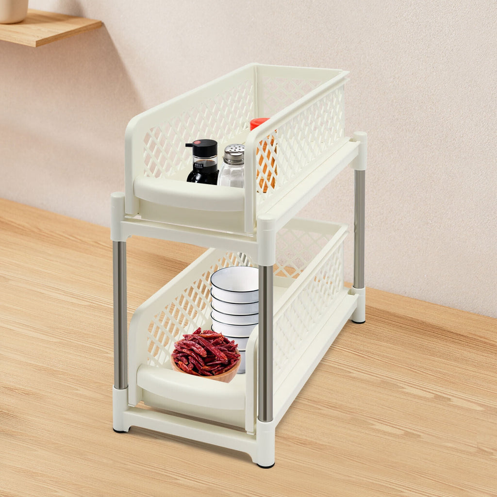 2-Tier Under Sink Organizer with Pull Out Sliding Storage Drawer for Home Bathroom Kitchen White/Grey 14.57in