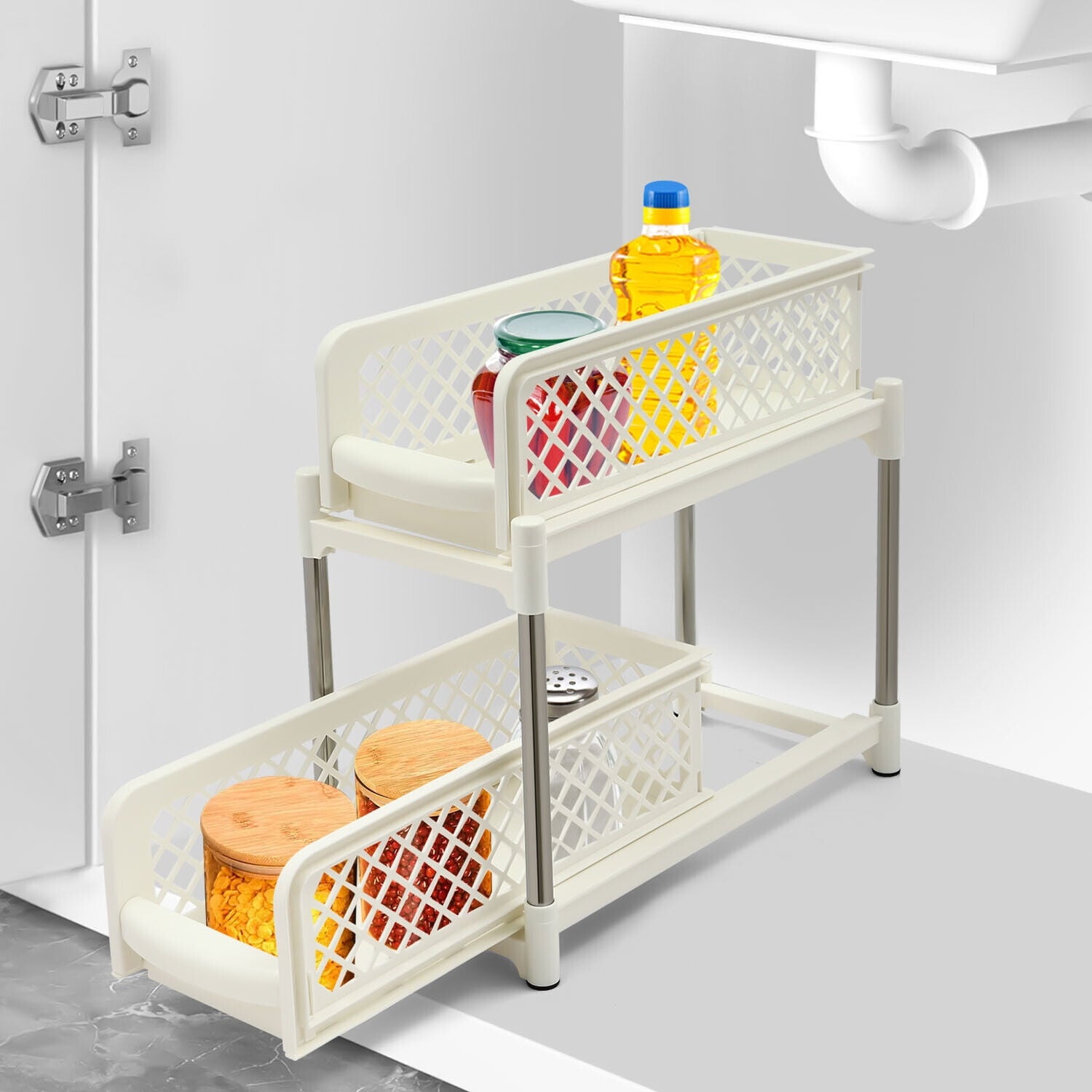2-Tier Under Sink Organizer with Pull Out Sliding Storage Drawer for Home Bathroom Kitchen White/Grey 14.57in