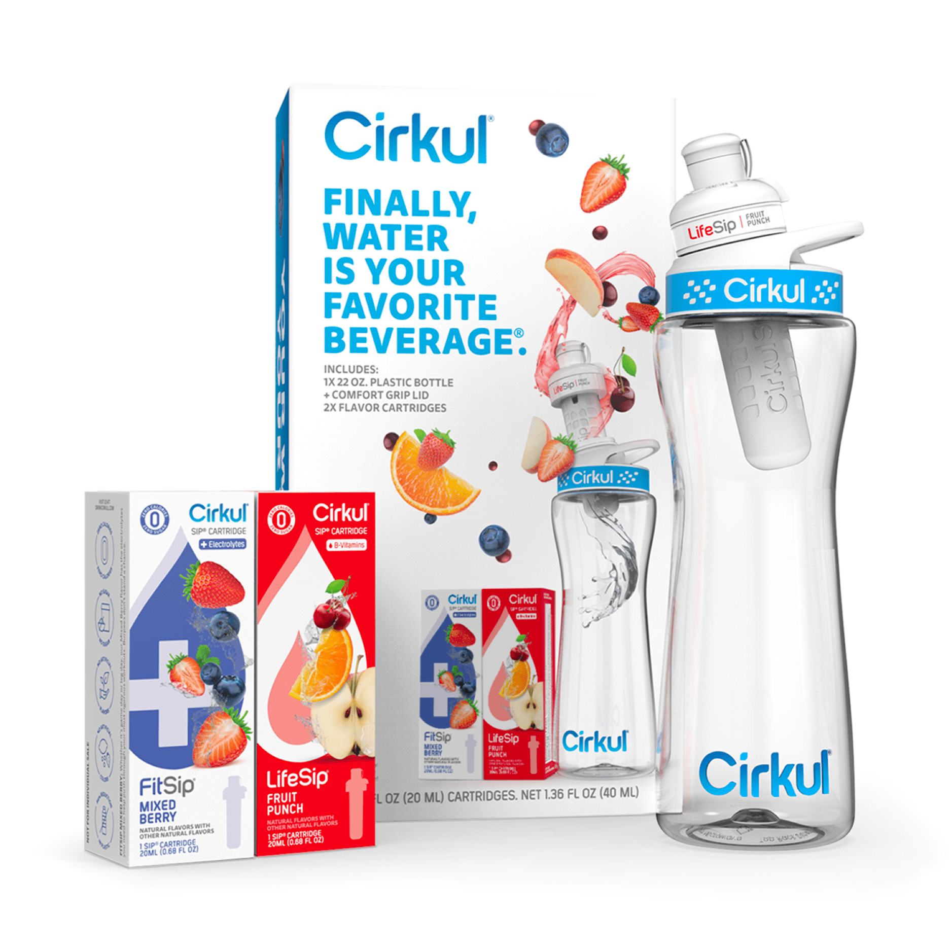 22 oz Plastic Water Bottle Starter Kit with Blue Lid and 2 Flavor Cartridges (Fruit Punch &amp; Mixed Berry)